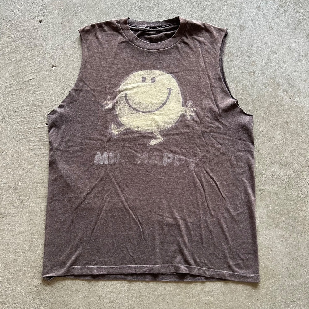 Vintage Mr Happy Shirt Size Medium Gray Y2K Smiley Face Cut Off Tank Top Funny
